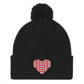 Big Patchwork Love embroidered patchwork heart pom-pom knit beanie in black – Kate Spain design for Pat Sloan