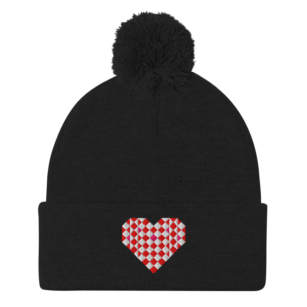 Big Patchwork Love embroidered patchwork heart pom-pom knit beanie in black – Kate Spain design for Pat Sloan