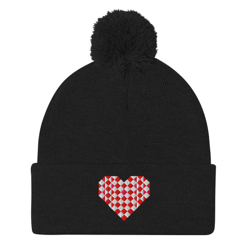 Big Patchwork Love embroidered patchwork heart pom-pom knit beanie in black – Kate Spain design for Pat Sloan
