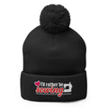 I'd Rather Be Sewing embroidered pom-pom knit beanie in black – Kate Spain design for Pat Sloan