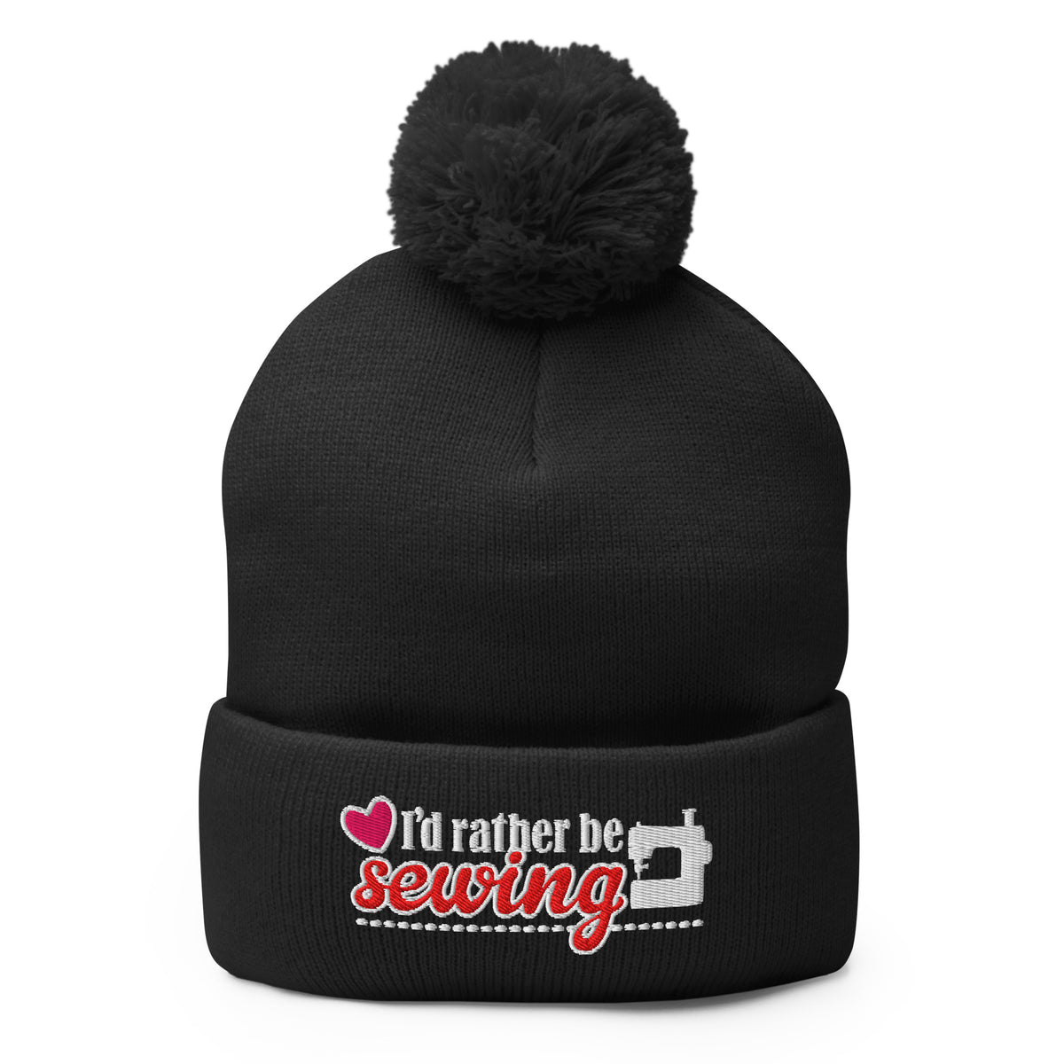 I'd Rather Be Sewing embroidered pom-pom knit beanie in black – Kate Spain design for Pat Sloan