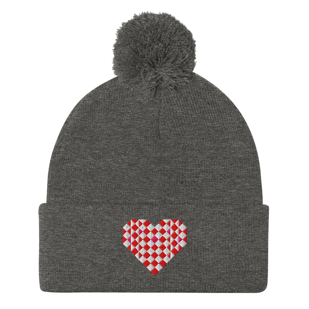 Big Patchwork Love embroidered patchwork heart pom-pom knit beanie in charcoal grey – Kate Spain design for Pat Sloan