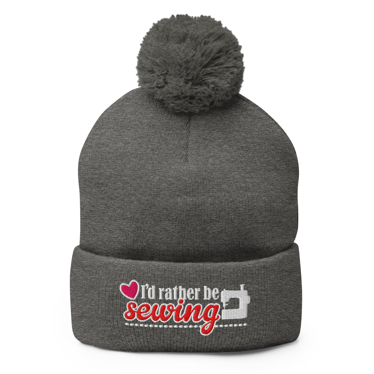 I'd Rather Be Sewing embroidered pom-pom knit beanie in charcoal grey – Kate Spain design for Pat Sloan