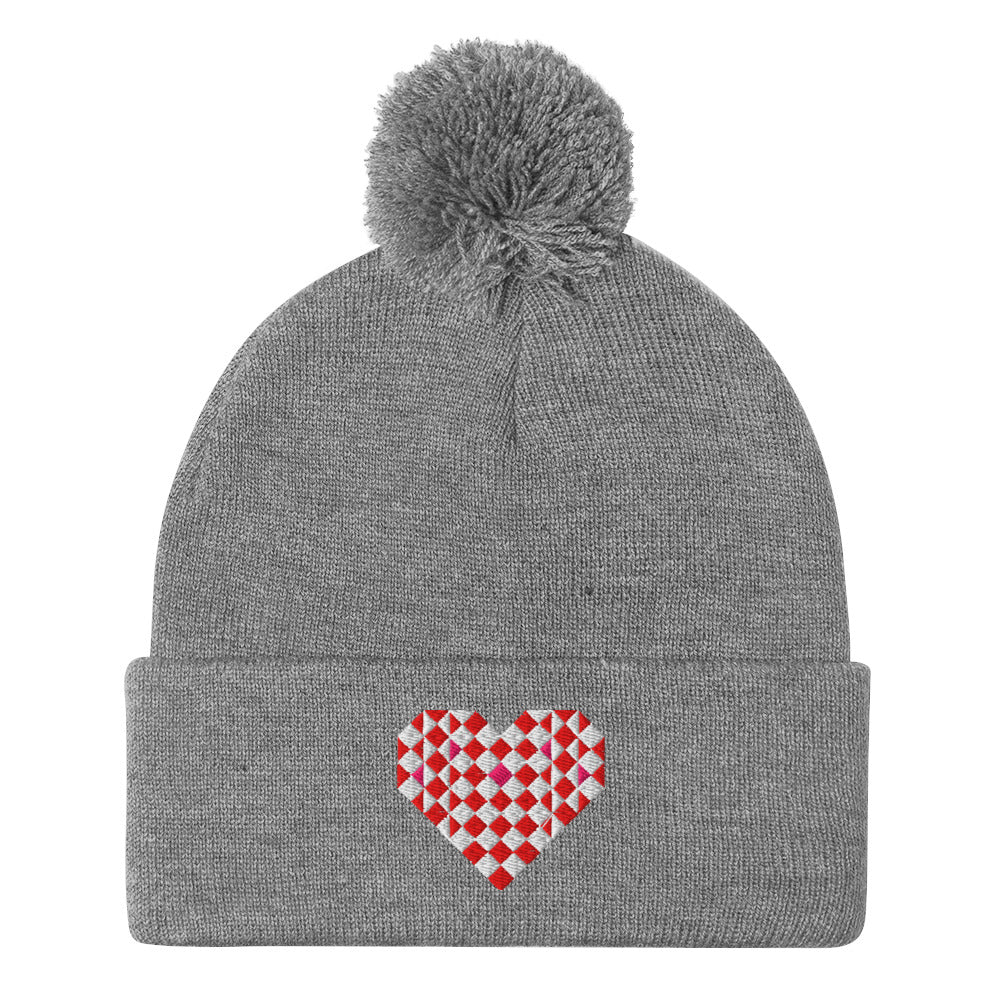 Big Patchwork Love embroidered patchwork heart pom-pom knit beanie in athletic heather grey – Kate Spain design for Pat Sloan