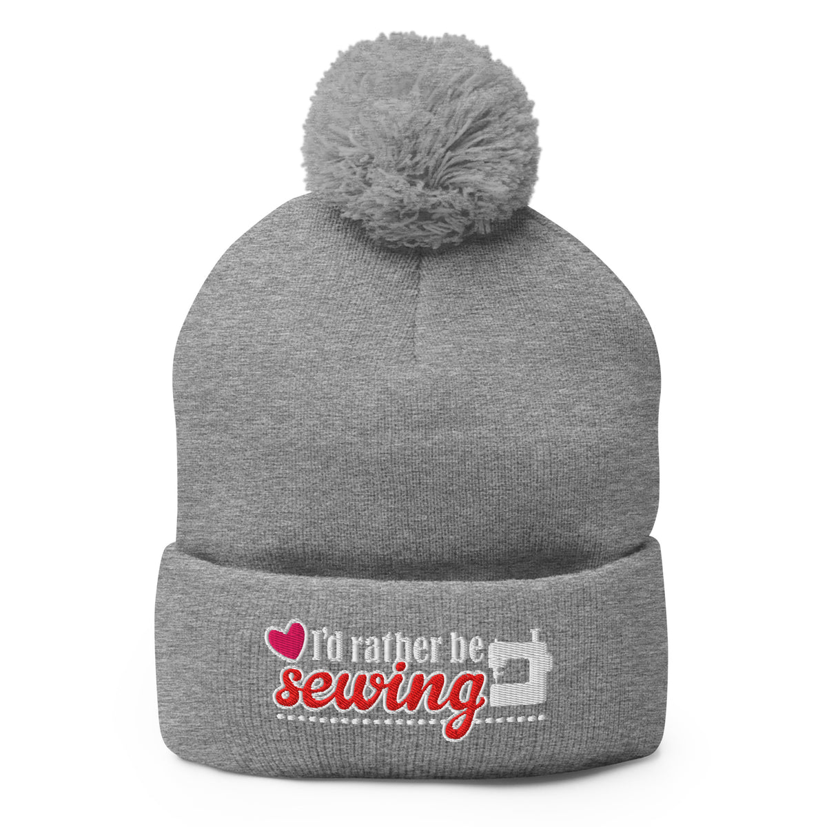 I'd Rather Be Sewing embroidered pom-pom knit beanie in athletic heather grey – Kate Spain design for Pat Sloan