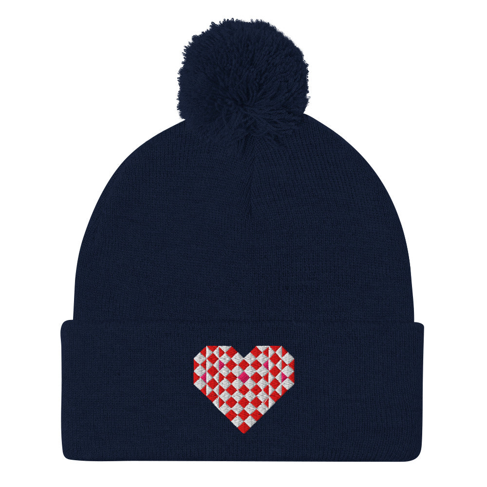 Big Patchwork Love embroidered patchwork heart pom-pom knit beanie in navy – Kate Spain design for Pat Sloan