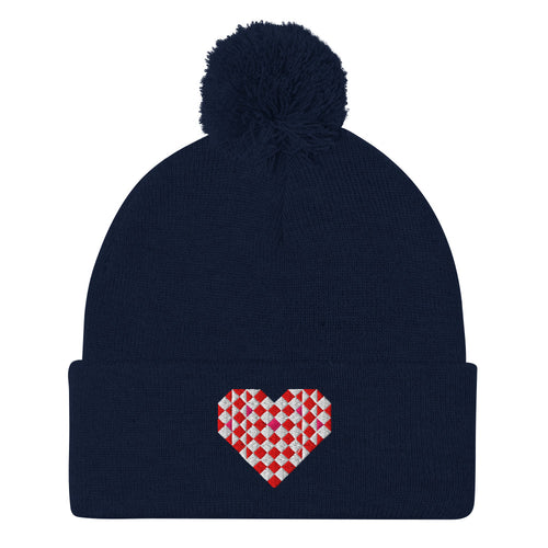 Big Patchwork Love embroidered patchwork heart pom-pom knit beanie in navy – Kate Spain design for Pat Sloan