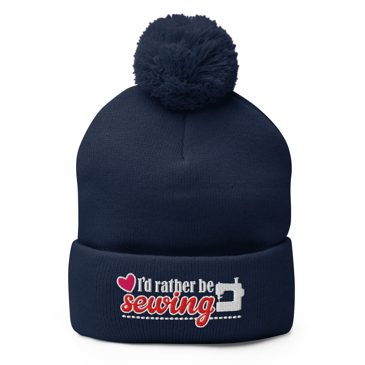 I'd Rather Be Sewing embroidered pom-pom knit beanie in navy – Kate Spain design for Pat Sloan