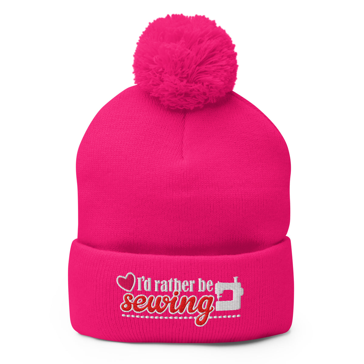 I'd Rather Be Sewing embroidered pom-pom knit beanie in neon pink – Kate Spain design for Pat Sloan