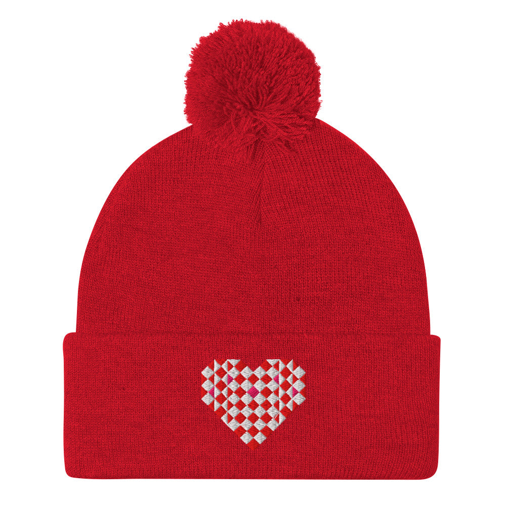 Big Patchwork Love embroidered patchwork heart pom-pom knit beanie in red – Kate Spain design for Pat Sloan