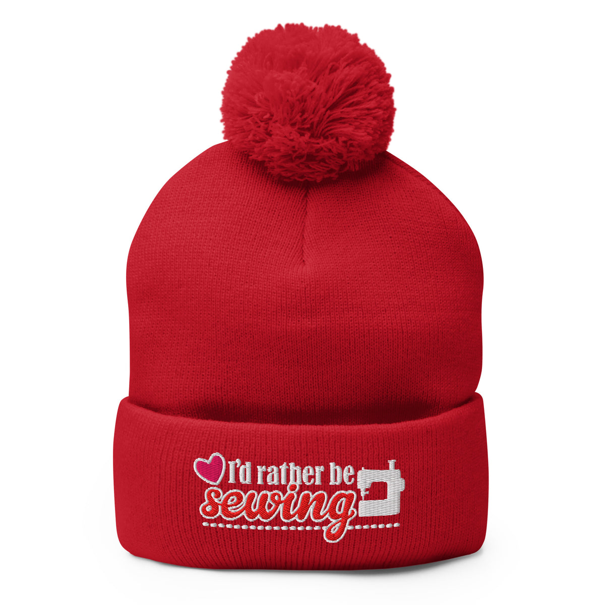 I'd Rather Be Sewing embroidered pom-pom knit beanie in red – Kate Spain design for Pat Sloan