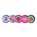 Sewing Basket pin button set of five with tomato pincushion, heart, cherries, strawberry and thread spool designs, 1.25 inch buttons in a row – Kate Spain design for Pat Sloan