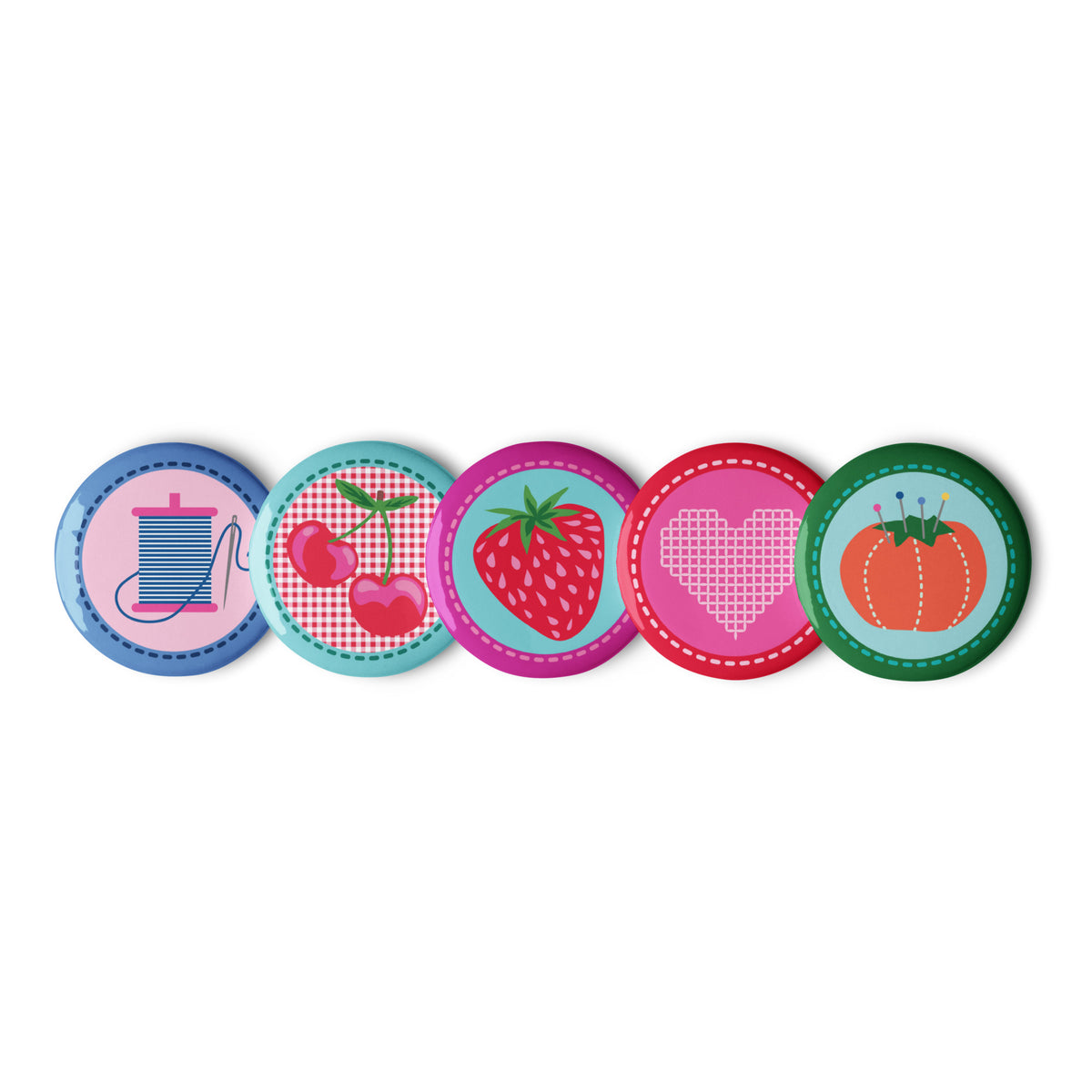 Sewing Basket pin button set of five with tomato pincushion, heart, cherries, strawberry and thread spool designs, 1.25 inch buttons in a row – Kate Spain design for Pat Sloan