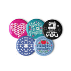 Sloan Zone Celebration pin button set of five with patchwork heart, Work in Progress, May the ¼" Be With You, 1776–2026 quilt star and Fabric Curator designs, 2.25 inch buttons grouped together – Kate Spain design for Pat Sloan