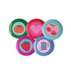 Sewing Basket pin button set of five with tomato pincushion, heart, cherries, strawberry and thread spool designs, 2.25 inch buttons grouped together – Kate Spain design for Pat Sloan