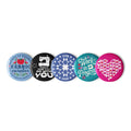 Sloan Zone Celebration pin button set of five with patchwork heart, Work in Progress, May the ¼" Be With You, 1776–2026 quilt star and Fabric Curator designs, 2.25 inch buttons in a row – Kate Spain design for Pat Sloan