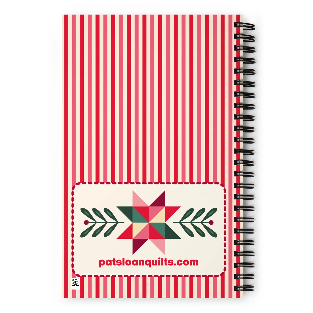 Sew Merry + Bright spiral notebook with quilt-block stars and holly, back cover – Kate Spain design for Pat Sloan