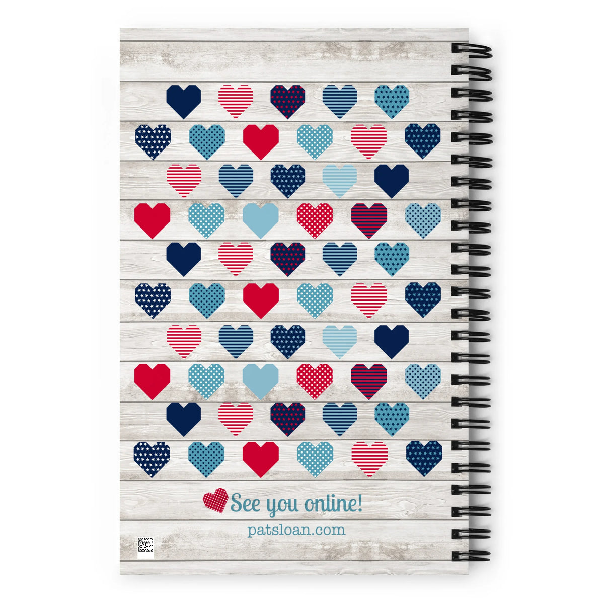Liberty Love spiral notebook with star quilt blocks and hearts, back cover with hearts – Kate Spain design for Pat Sloan