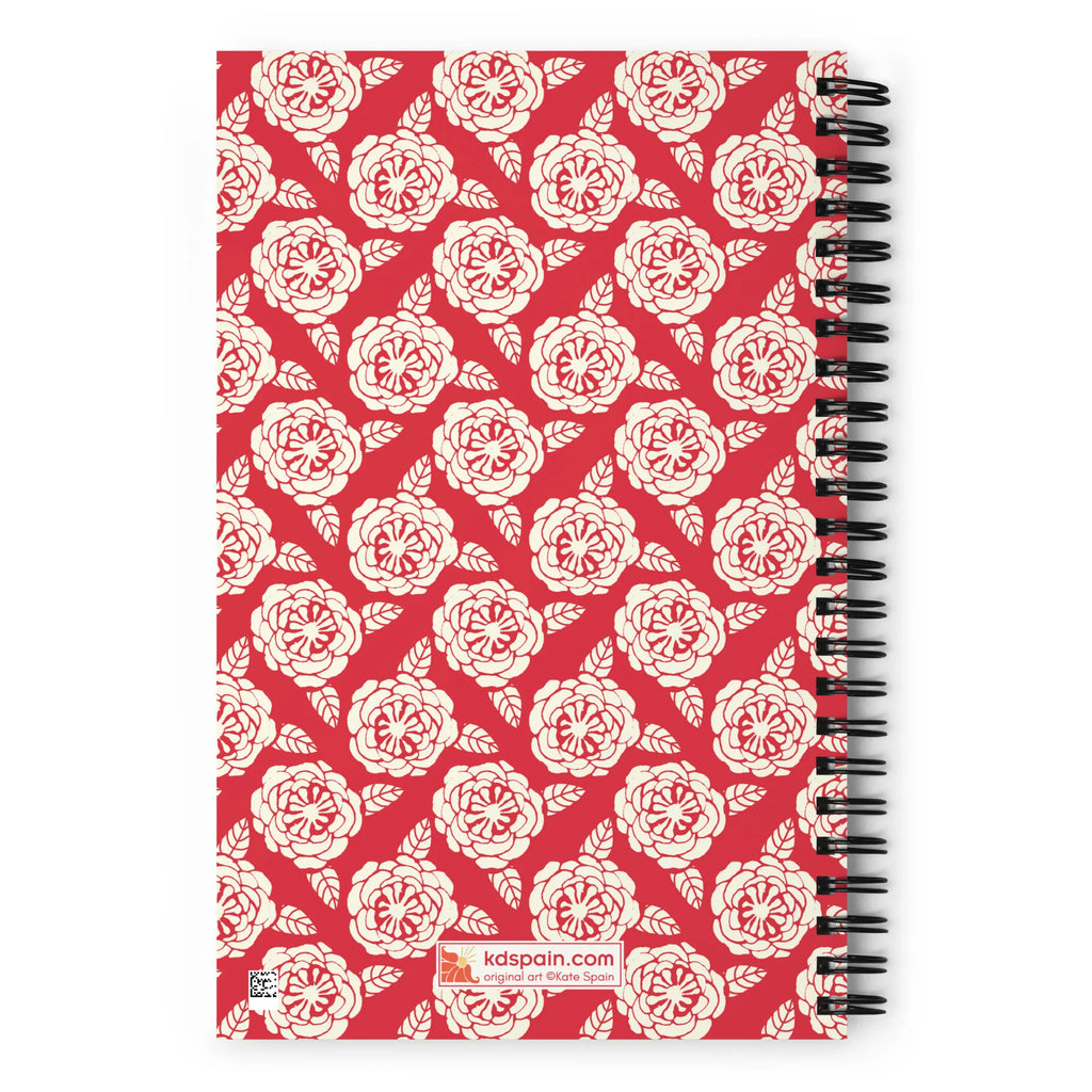 Meadow spiral notebook in Poppy, repeating cream roses on poppy red, back cover with kdspain.com label – Kate Spain design