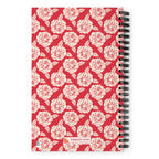 Meadow spiral notebook in Poppy, repeating cream roses on poppy red, back cover with kdspain.com label – Kate Spain design