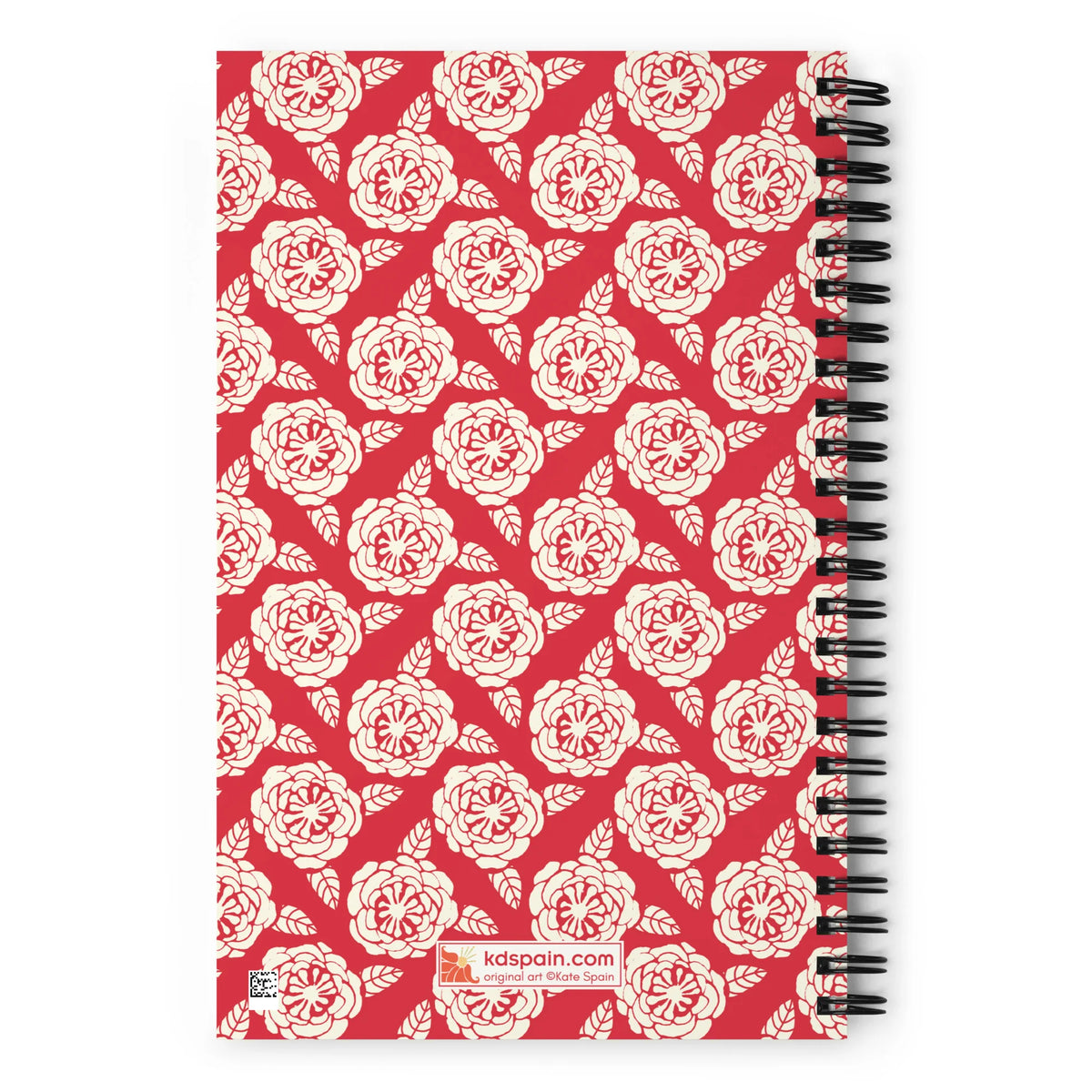 Meadow spiral notebook in Poppy, repeating cream roses on poppy red, back cover with kdspain.com label – Kate Spain design