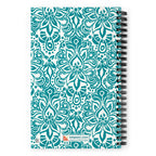Earth spiral notebook in Turquoise, turquoise block-print medallions on cream, back cover with kdspain.com label – Kate Spain design