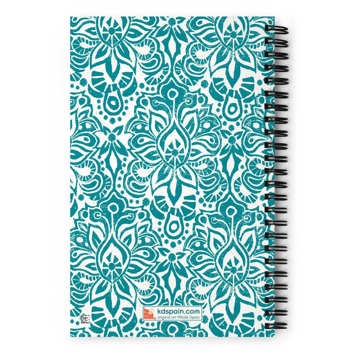 Earth spiral notebook in Turquoise, turquoise block-print medallions on cream, back cover with kdspain.com label – Kate Spain design