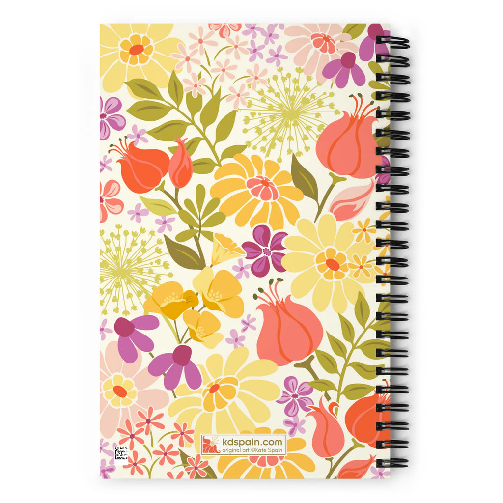 North Meadow spiral notebook with yellow, coral and mauve garden flowers with olive leaves on cream, back cover with kdspain.com label – Kate Spain design