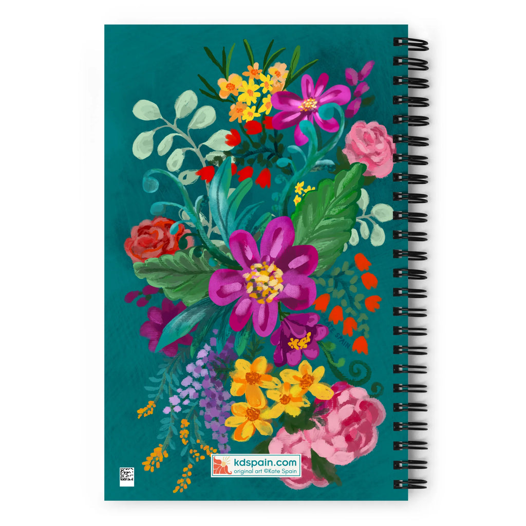 Posy spiral notebook with a painterly bouquet of magenta, yellow, pink and red flowers on deep teal, back cover with kdspain.com label – Kate Spain design