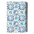 Horizon Tile spiral notebook with blue and teal pinwheel tile medallions on cream, back cover with kdspain.com label – Kate Spain design