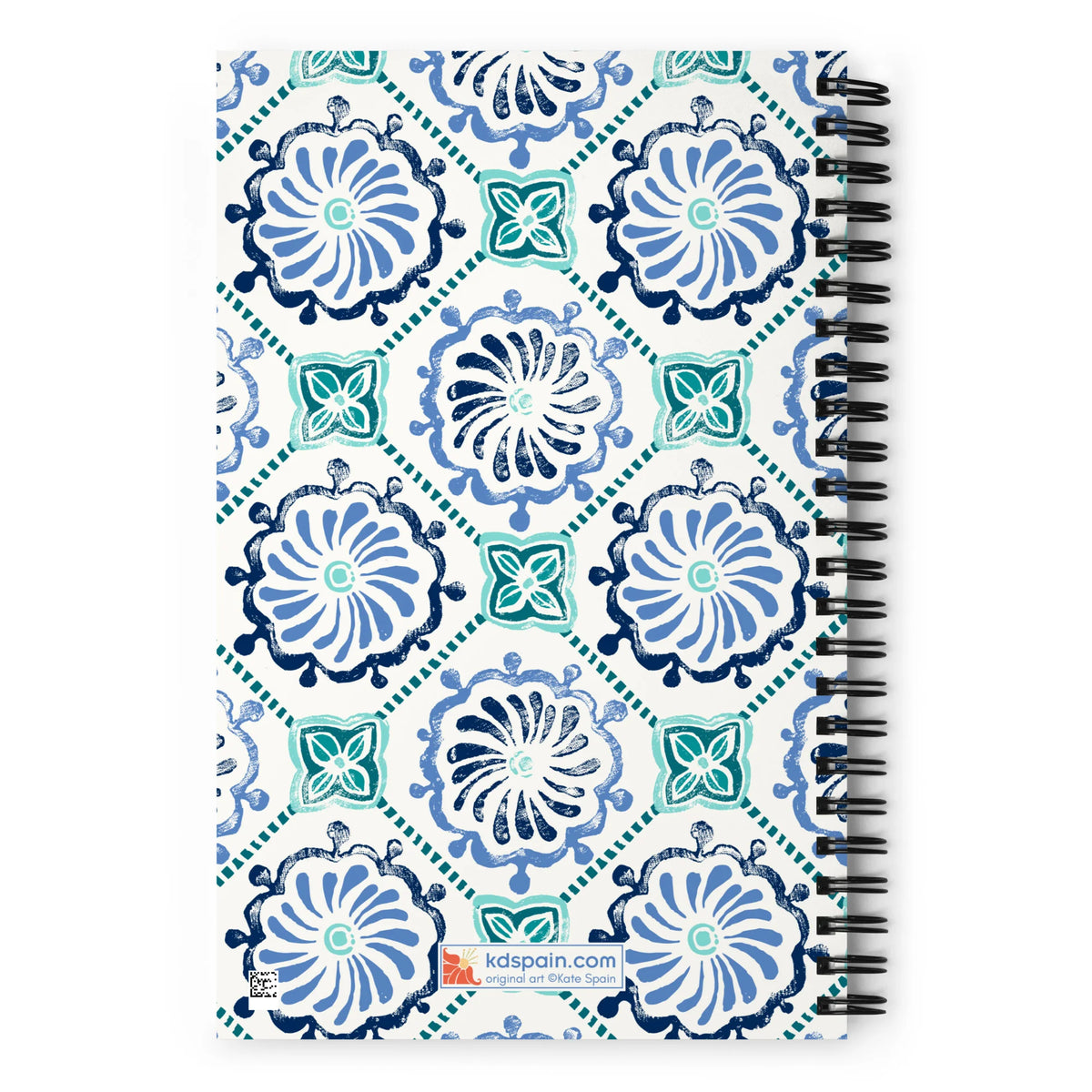 Horizon Tile spiral notebook with blue and teal pinwheel tile medallions on cream, back cover with kdspain.com label – Kate Spain design