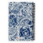 Flora spiral notebook with an indigo block-print garden of flowers and leaves, back cover with kdspain.com label – Kate Spain design
