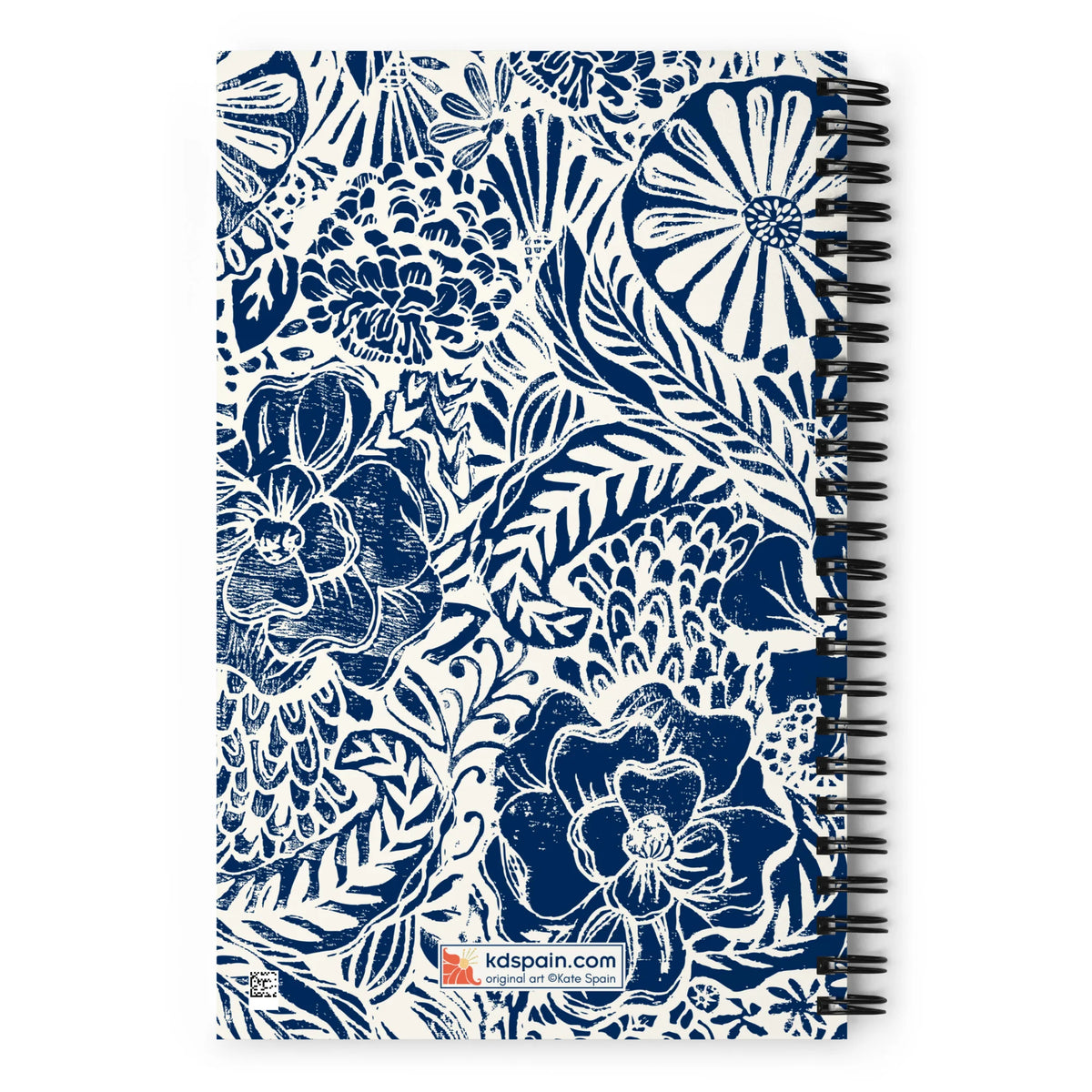 Flora spiral notebook with an indigo block-print garden of flowers and leaves, back cover with kdspain.com label – Kate Spain design