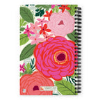 Bloomerie Fuchsia spiral notebook with fuchsia, coral and pink blooms with green leaves on cream, back cover with kdspain.com label – Kate Spain design