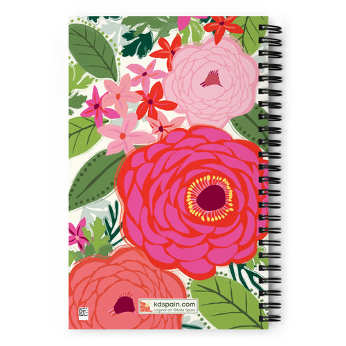 Bloomerie Fuchsia spiral notebook with fuchsia, coral and pink blooms with green leaves on cream, back cover with kdspain.com label – Kate Spain design