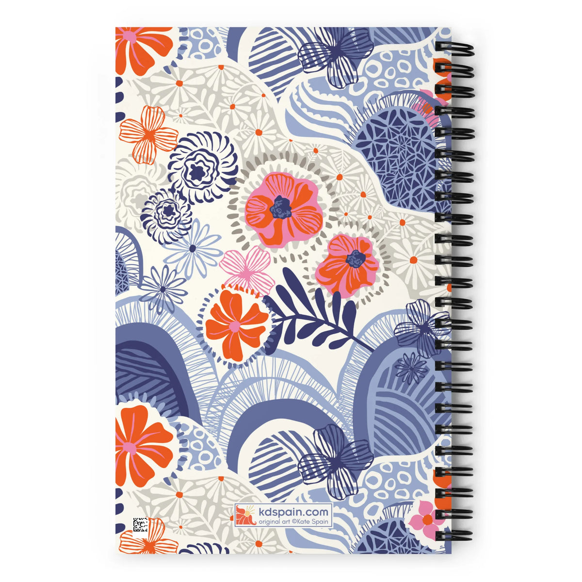 Hills + Valleys spiral notebook with layered periwinkle hills dotted with orange, coral and pink flowers on cream, back cover with kdspain.com label – Kate Spain design