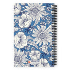 Jardin Blue spiral notebook with white line-drawn florals on cornflower blue, back cover with kdspain.com label – Kate Spain design