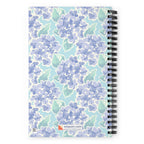 Nantucket Hydrangea spiral notebook with soft lavender-blue hydrangeas and mint leaves on pale aqua, back cover with kdspain.com label – Kate Spain design