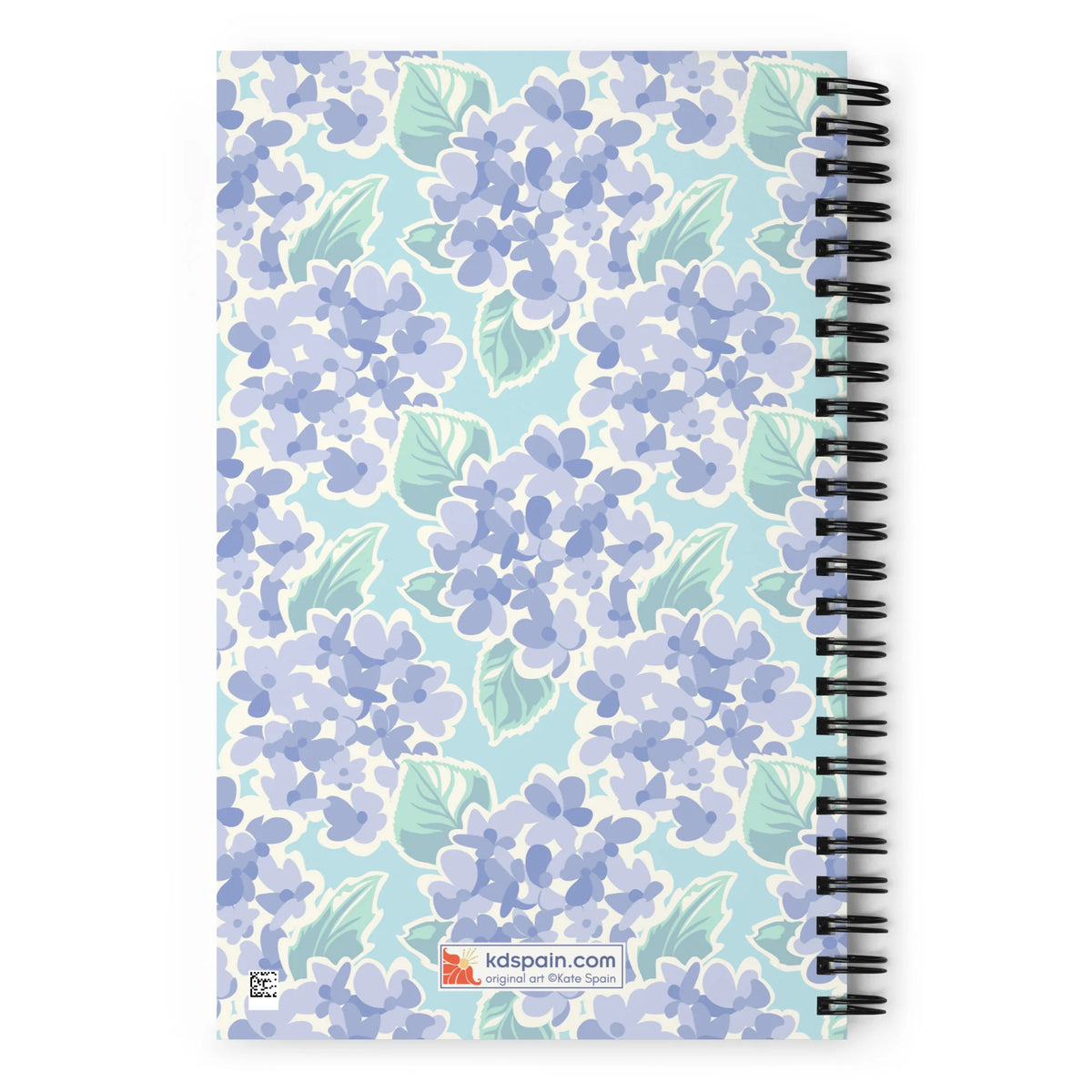 Nantucket Hydrangea spiral notebook with soft lavender-blue hydrangeas and mint leaves on pale aqua, back cover with kdspain.com label – Kate Spain design