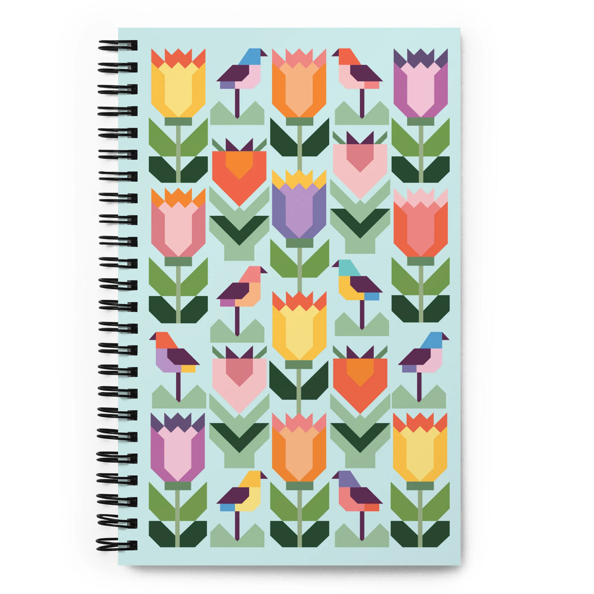 Birds + Blooms spiral notebook with patchwork tulips and birds, front cover – Kate Spain design for Pat Sloan