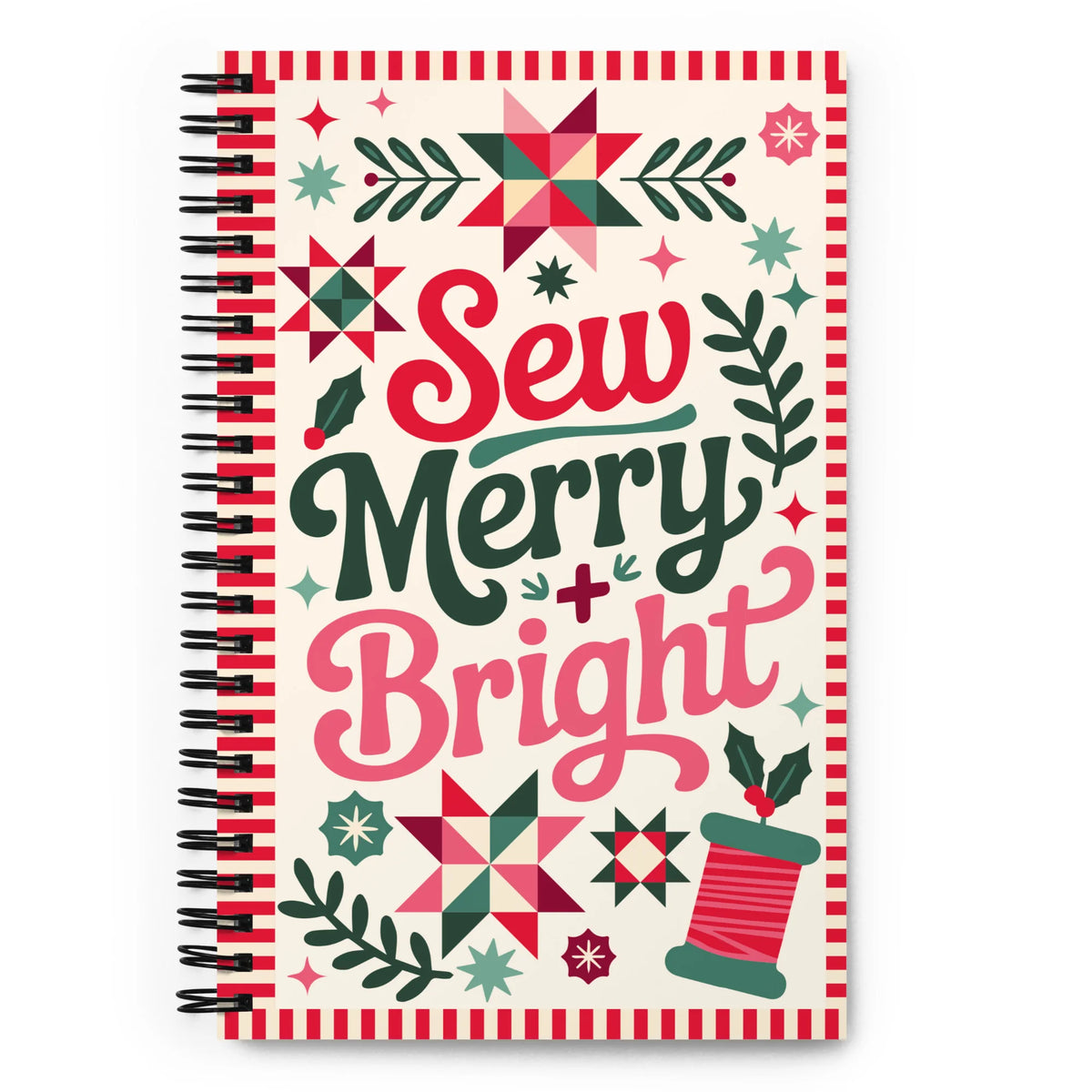 Sew Merry + Bright spiral notebook with quilt-block stars and holly, front cover – Kate Spain design for Pat Sloan