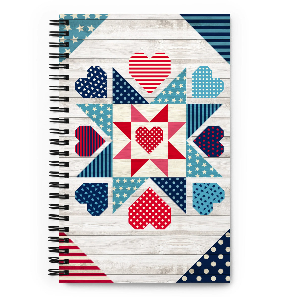 Liberty Love spiral notebook with star quilt blocks and hearts, front cover – Kate Spain design for Pat Sloan