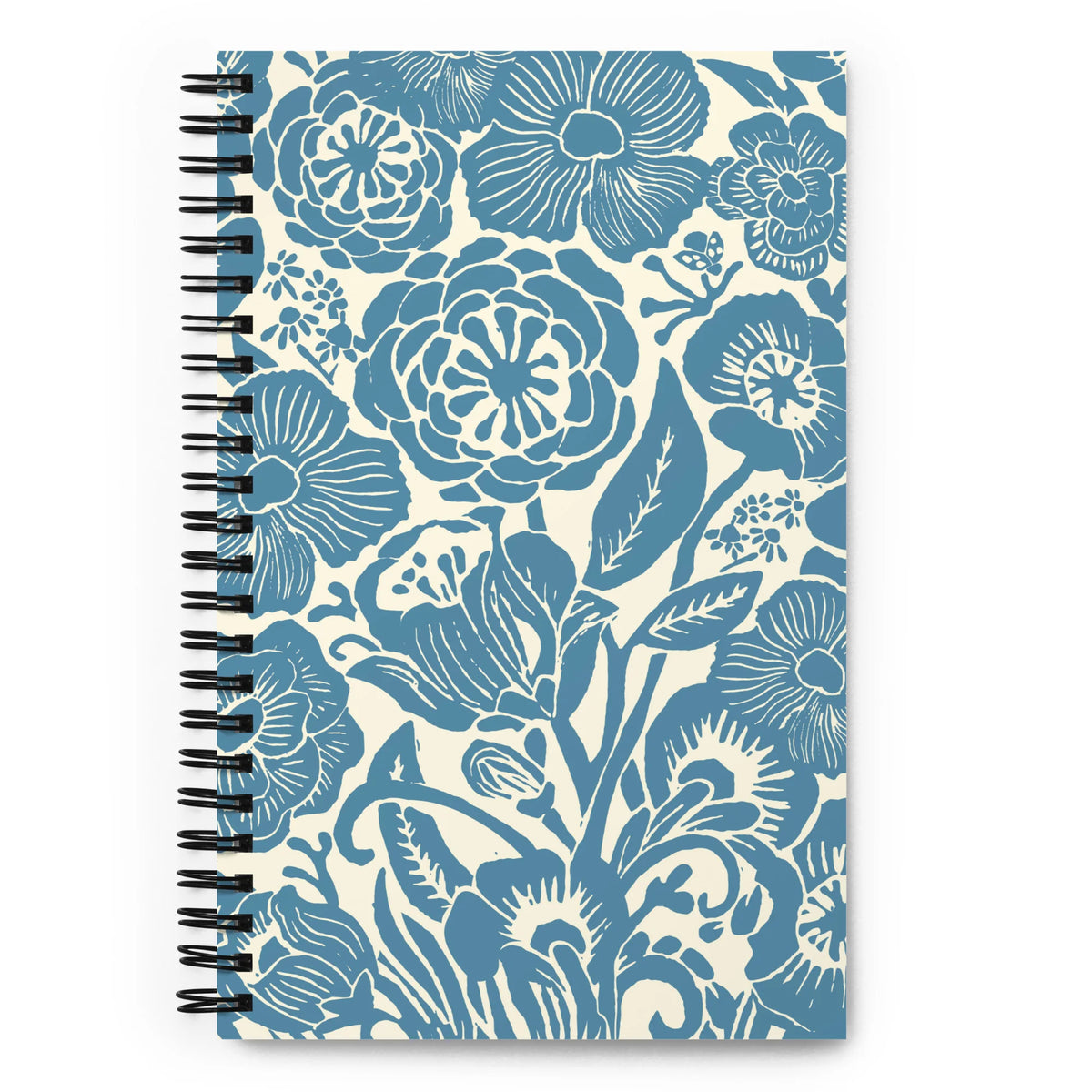 Meadow spiral notebook in Dew, bold steel-blue block-print flowers and leaves on cream, front cover – Kate Spain design