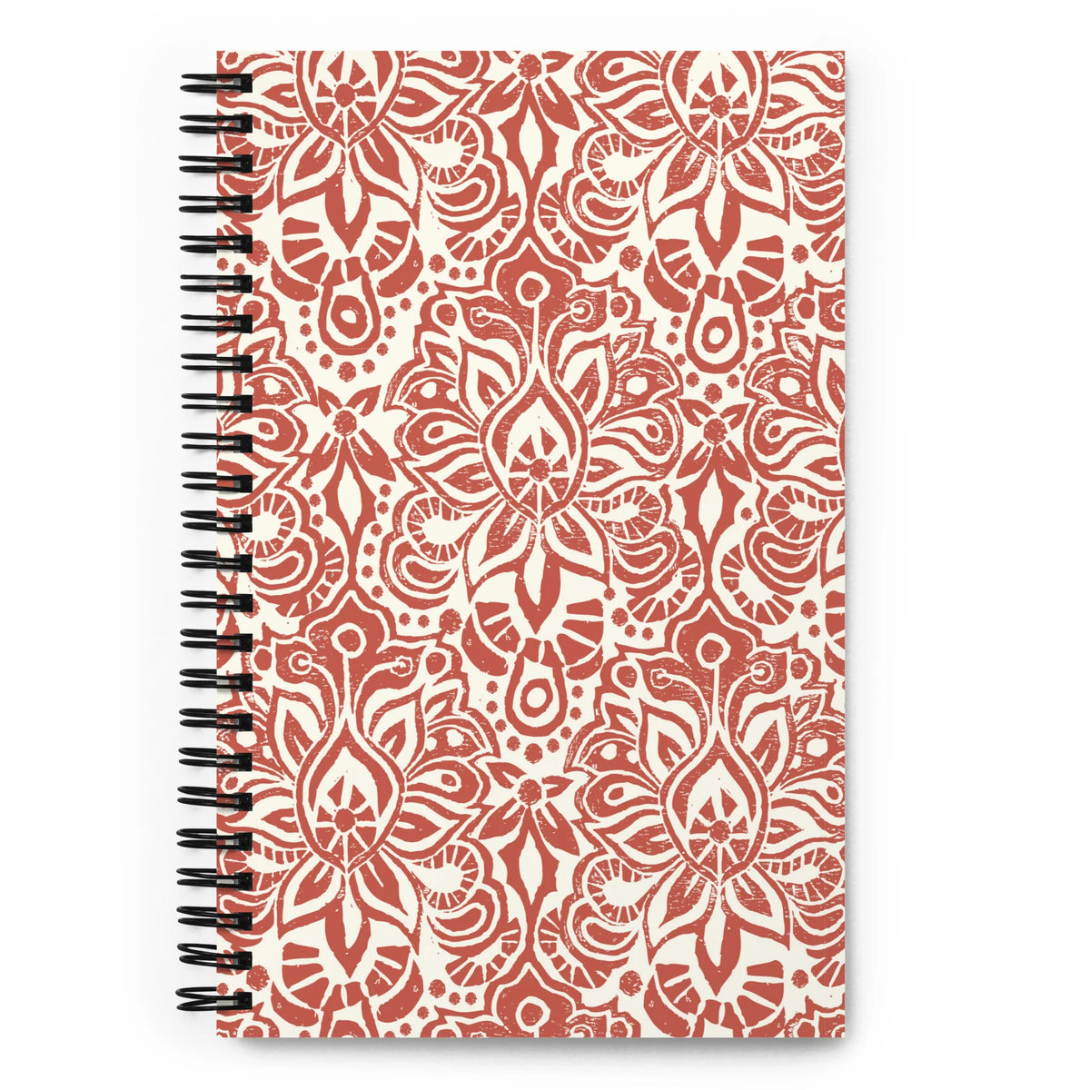 Earth spiral notebook in Clay, clay-red block-print medallions on cream, front cover – Kate Spain design