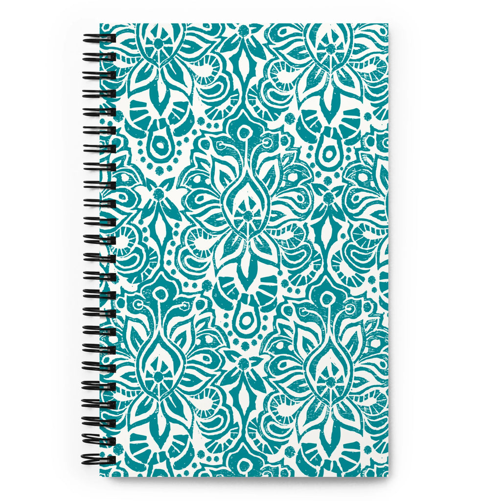 Earth spiral notebook in Turquoise, turquoise block-print medallions on cream, front cover – Kate Spain design