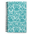 Earth spiral notebook in Turquoise, turquoise block-print medallions on cream, front cover – Kate Spain design