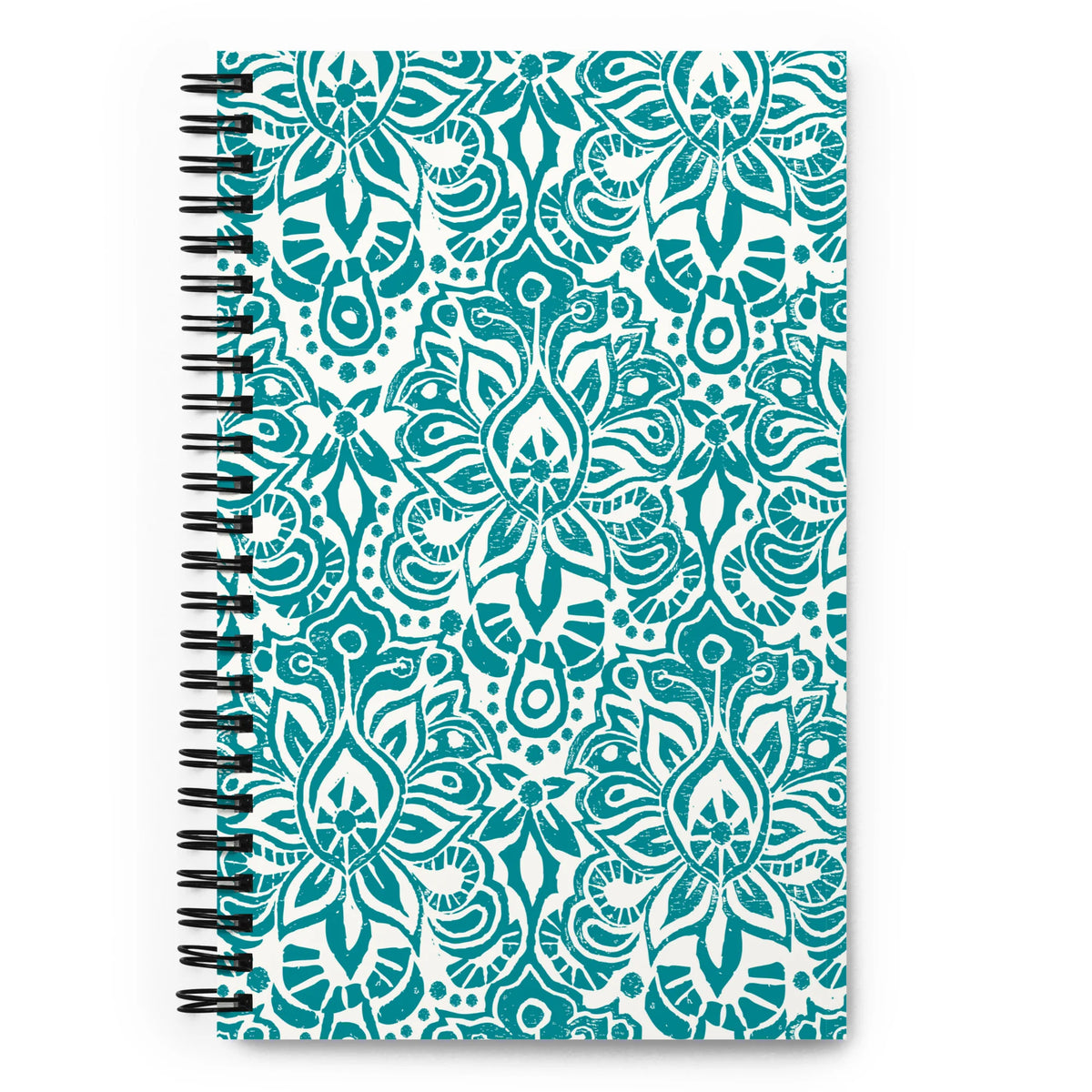 Earth spiral notebook in Turquoise, turquoise block-print medallions on cream, front cover – Kate Spain design