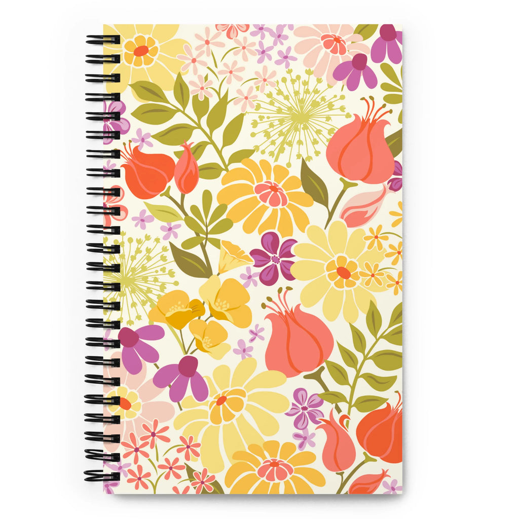 North Meadow spiral notebook with yellow, coral and mauve garden flowers with olive leaves on cream, front cover – Kate Spain design