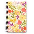 North Meadow spiral notebook with yellow, coral and mauve garden flowers with olive leaves on cream, front cover – Kate Spain design