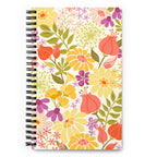 North Meadow spiral notebook with yellow, coral and mauve garden flowers with olive leaves on cream, front cover – Kate Spain design